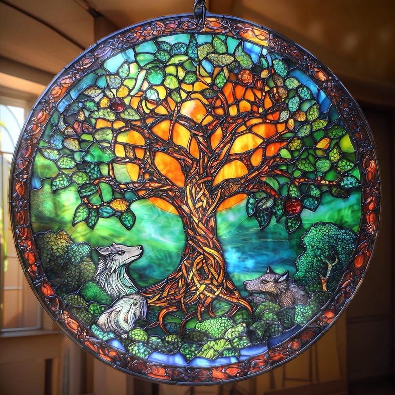 May include: Circular stained glass artwork depicting a tree with an orange and yellow canopy, green leaves, and a brown trunk. Two wolves are at the base of the tree, surrounded by green foliage. The piece is framed with a decorative border.