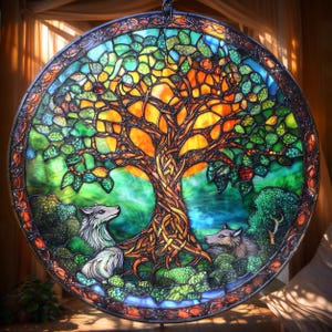 May include: A circular stained glass window depicting a tree with orange, green, and yellow foliage. Two wolves are positioned at the base of the tree, amidst verdant surroundings. The artwork is framed with a decorative border, creating a colourful and detailed scene.