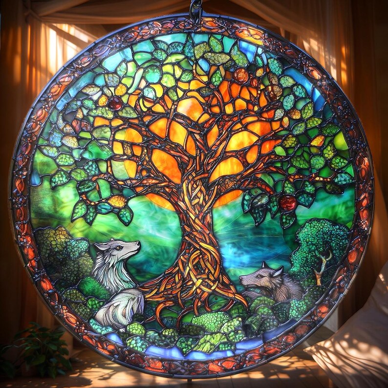 May include: A circular stained glass window depicting a tree with orange, green, and yellow foliage. Two wolves are positioned at the base of the tree, amidst verdant surroundings. The artwork is framed with a decorative border, creating a colourful and detailed scene.