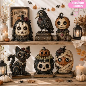 Creepy Halloween Wooden Figurine Collection, Hand Painted Distressed Spooky Set, Unique Holiday Haunted House Tabletop Shelf Decor