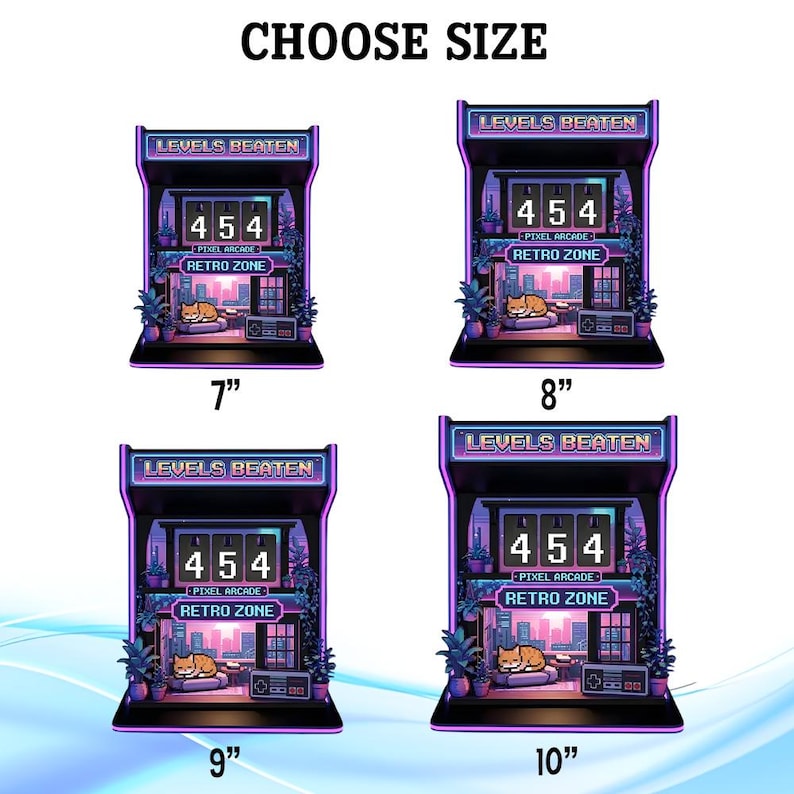 May include: Four arcade-style decorations with the text "CHOOSE SIZE". Each features a retro design with the words "LEVELS BEATEN", "454", "PIXEL ARCADE", and "RETRO ZONE". Sizes are 7", 8", 9", and 10" tall.