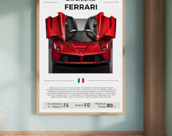 May include: A red Ferrari LaFerrari with the doors open, showing the engine. The car is on a white background with text that reads "LaFerrari Ferrari Power" and includes the car's specifications: Acceleration 2.9, Engine V12, Maximum Power 800 cv.