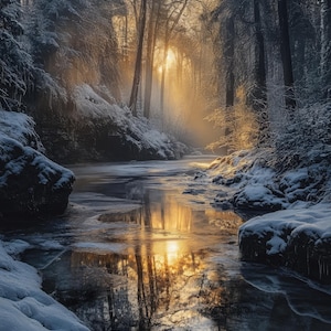 Puede incluir: Un sereno paisaje invernal con un río cubierto de nieve que serpentea a través de un bosque. El sol brilla intensamente, proyectando un brillo dorado sobre el agua y los árboles, creando una escena pintoresca de belleza natural.