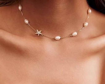 Natural necklace , Baroque pearl choker waterproof, Sterling Silver Starfish , perfect gift for her, handmade gift idea,