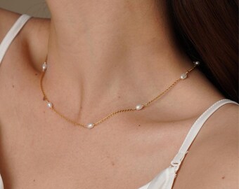 Pearl necklace, Gold choker for women, 14k gold filled, Handmade pendants, Boho jewelry gift, Collier femme, Dainty necklace