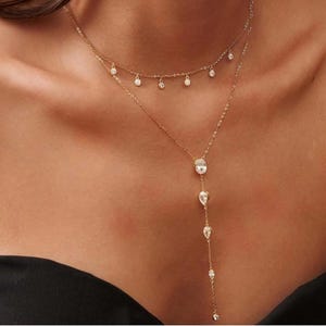 Sterling Silver Y Necklace: Cubic Zirconia Dainty Choker