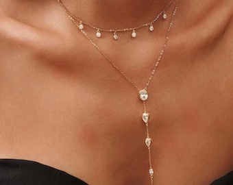 Silver y necklace, Y shaped choker women, Dainty o-chain choker, Cubic zirconia layered, Gift for her elegant, Minimalist jewelry