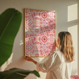 Printable Pink Tile Wall Art, Modern Geometric Ceramic Pattern, Digital Dopamine Decor, Coral Lavender Mediterranean Poster