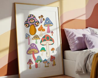 Printable Psychedelic Mushroom Wall Art, Colorful Boho Digital Download, Trippy Retro Fungi Poster, 70s Hippie Room Decor, Groovy Print