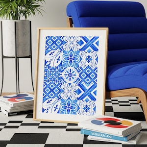 Printable Blue Tile Wall Art, Mediterranean Watercolor Tiles, Digital Indigo Kitchen Decor, Spanish Portuguese Inspired Poster