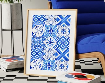 Druckbare Fliesen Wandkunst, Mediterrane Aquarell Fliesen, Digitale Indigo Küchen Dekoration, Spanisch-Portugiesisch inspiriertes Poster