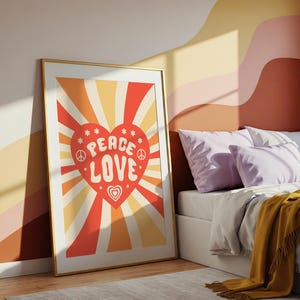 Printable Peace Love Retro Wall Art, Hippie 70s Heart Poster, Groovy Boho Positive Quote Print, Vintage Sunshine Digital Download