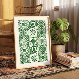 Arte mural imprimible de azulejos verdes, azulejos mediterráneos de acuarela, decoración digital de cocina, póster de cerámica portuguesa, arte inspirado en la naturaleza