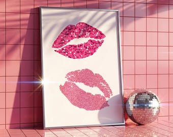 Printable Pink Lips Wall Art, Glam Lip Print, Sparkle Kiss Poster, Makeup Room Decor, Fashion Illustration, Flirty Valentine Digital Art