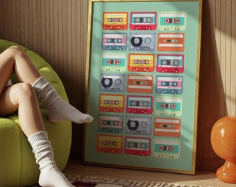 Printable Cassette Tape Art, Retro 90s Digital Download, Vintage Music Poster, Colorful Pop Art Wall Decor, Nostalgic Audio Print