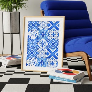 Blue Tile Wall Art, Mediterranean Watercolor Tile Poster, Portuguese Spanish Style Decor, Indigo Kitchen Print, Boho Wall Art
