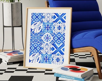 Blue Tile Wall Art, Mediterranean Watercolor Tile Poster, Portuguese Spanish Style Decor, Indigo Kitchen Print, Boho Wall Art