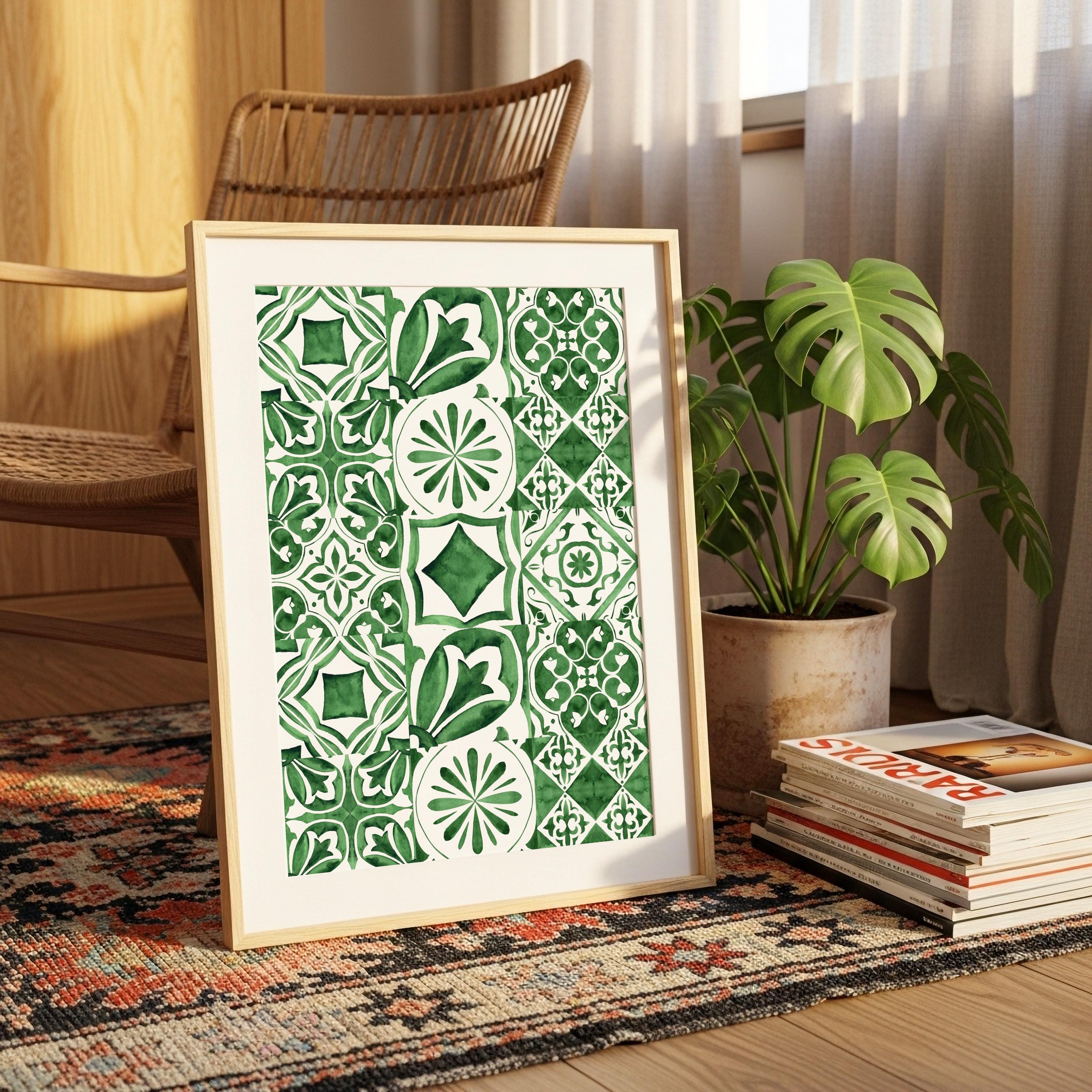 Green Tile Wall Art, Mediterranean Watercolor Tile Poster, Portuguese Spanish Style Decor, Nature-Inspired Kitchen Print, Boho Wall Art