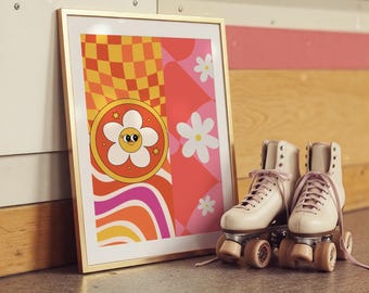 Retro Daisy Wall Art, Groovy 70s Flower Power Poster, Funky Smiley Face Print, Colorful Boho Home Decor, Vintage-Inspired Illustration