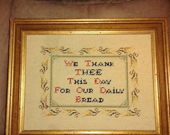 Vintage We Thank Thee This Day Our Daily Bread Framed  Needle Point 20x16