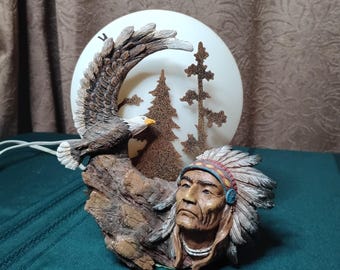 Lamp Bald Eagle Native American Trees Lighted Moon Vintage Warm Glow - Q