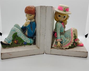 EARL BERNARD Vintage Book Ends Boy and Girl Against the Fence Made in Japan -5