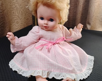 Vintage 1978  Eugene Doll  Rooted Blond Hair Open Close Blue Eyes Pink Dress - K