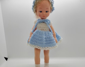 Vintage Hard Plastic Doll Blonde Blue Eyes Crochet Dress Headband  Shoes - 4
