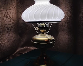 Electrified Oil Lamp Polished Brass With Ribbed Swirl Milk Glass Lamp Shade 19"