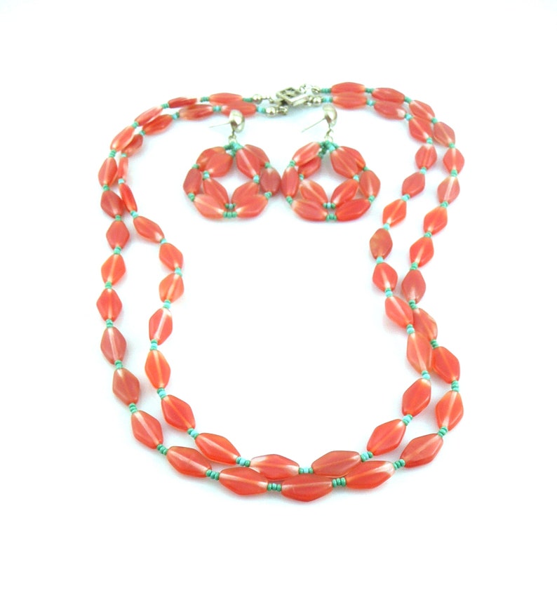 Vintage 1960s 70s Art Deco Revival Handmade Geometric Design Double Strand Art Glass NECKLACE /& Pierced EARRINGS Set