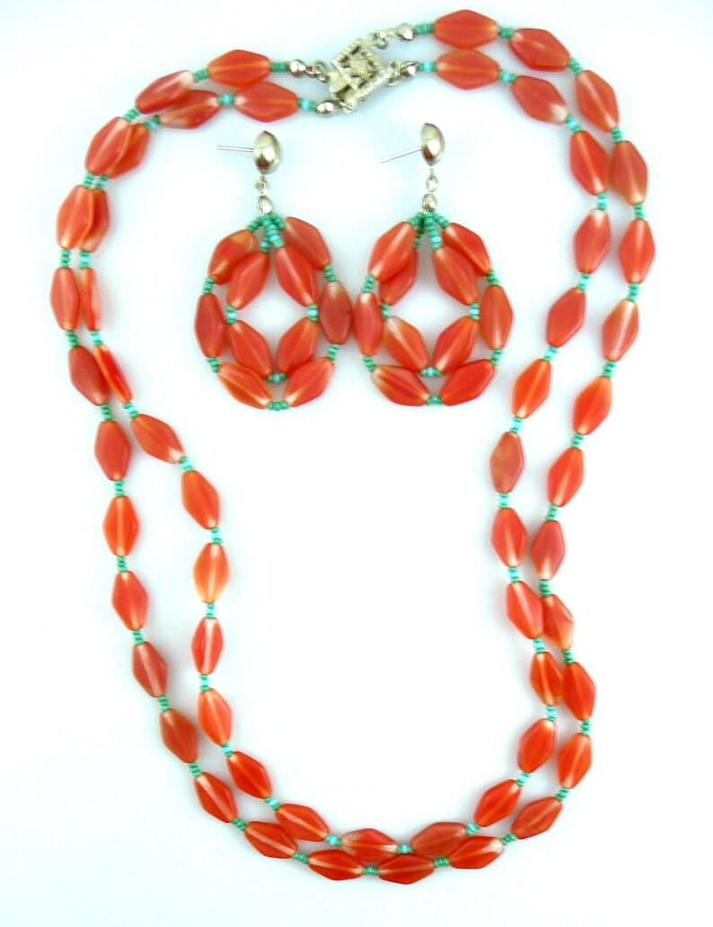 Vintage 1960s 70s Art Deco Revival Handmade Geometric Design Double Strand Art Glass NECKLACE /& Pierced EARRINGS Set