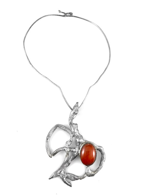 HUGE 1970s Handmade Pewter & Carnelian Brutalist M