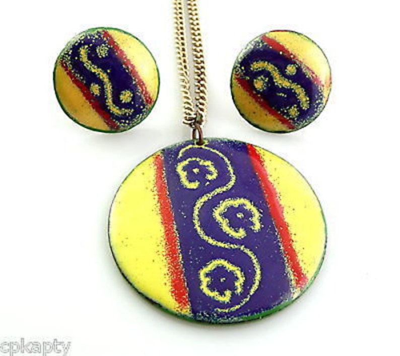 BIG Vintage 1950s 60s Handmade Copper Enamel Modernist Pendant with Chain Necklace /& Earrings SET
