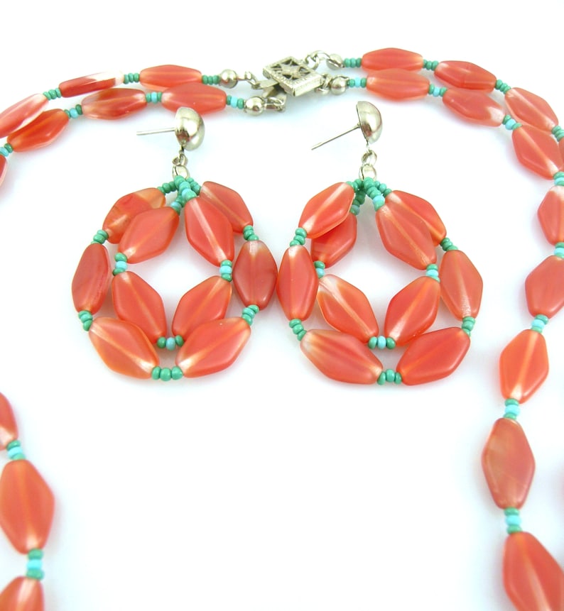 Vintage 1960s 70s Art Deco Revival Handmade Geometric Design Double Strand Art Glass NECKLACE /& Pierced EARRINGS Set