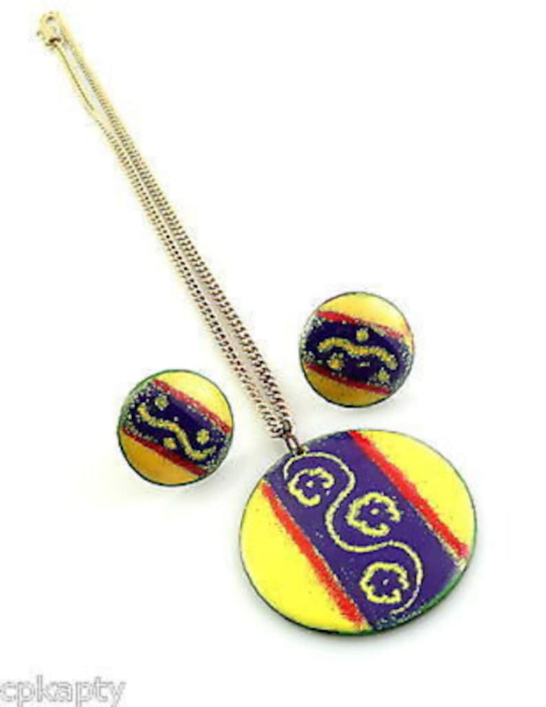 BIG Vintage 1950s 60s Handmade Copper Enamel Modernist Pendant with Chain Necklace /& Earrings SET