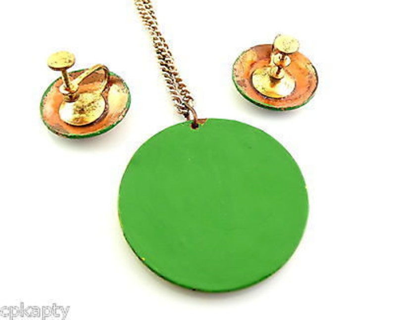 BIG Vintage 1950s 60s Handmade Copper Enamel Modernist Pendant with Chain Necklace /& Earrings SET