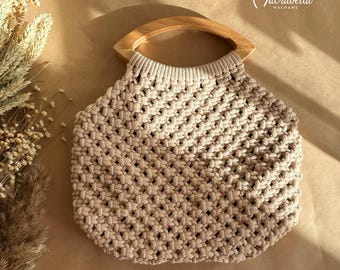 Handgefertigte Makramee Tasche Macrabella Form Boho Handtasche mit Holzgriff