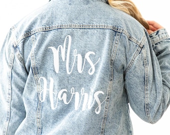 Custom Embroidery Jean Jacket Mrs. Name | Gifts for Bride | Denim Jacket for Wedding | Bridal Shower | Honeymoon | Bachelorette