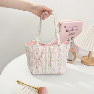 Rosa Blumen Einkaufstasche, Schleifenband-Einkaufstasche, ästhetische Einkaufstasche, niedliche Einkaufstasche, Kokette Einkaufstasche, Strandtasche