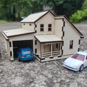 1:64 Maßstab Haus mit Garage Kit - Holz Diorama Gebäude für Hot Wheels, Matchbox, Tomica Modell Display