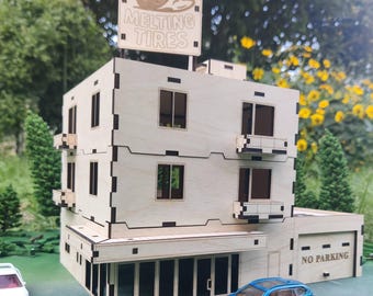 1:64 Scale Apartment Building with Shop and Parking garage - Wooden Diorama House for Hot Wheels, Matchbox, Tomica model display