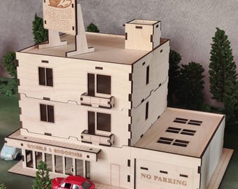 Budynek mieszkalny w skali 1:64 ze sklepem i garażem – miejska diorama do Hot Wheels, Matchbox, ekspozycja modeli miejskich