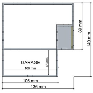 May include: Top-down view of a garage plan with dimensions in millimeters. The word "GARAGE" is centered, with measurements of 100 mm, 106 mm, 136 mm, 48 mm, 89 mm, and 140 mm. The plan includes a small storage area.