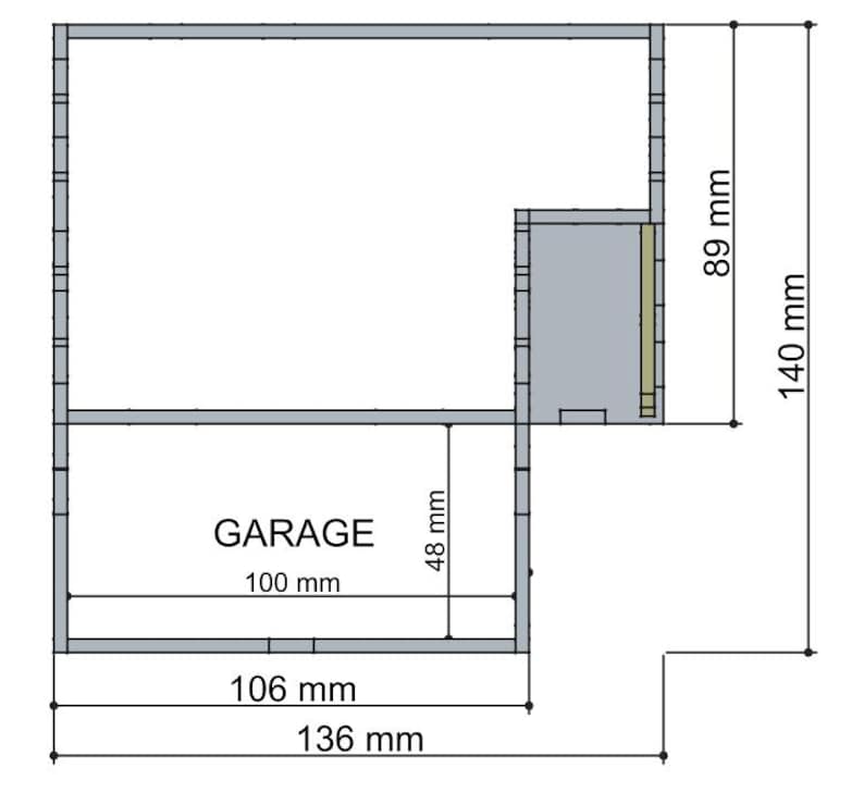 May include: Top-down view of a garage plan with dimensions in millimeters. The word "GARAGE" is centered, with measurements of 100 mm, 106 mm, 136 mm, 48 mm, 89 mm, and 140 mm. The plan includes a small storage area.