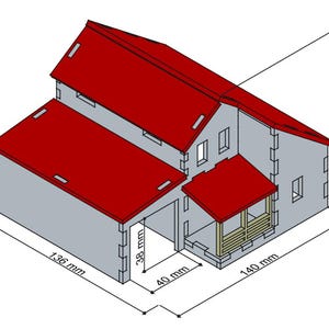 May include: A gray model house with a red roof, porch, and garage. The house is 5.5 inches long, 3.8 inches wide, and 3.7 inches tall. The porch is 1.6 inches wide and 1.5 inches tall. The garage is 5.3 inches long and 1.5 inches tall.