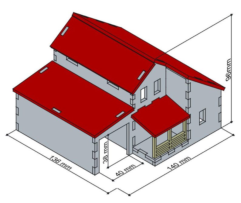 May include: A gray model house with a red roof, porch, and garage. The house is 5.5 inches long, 3.8 inches wide, and 3.7 inches tall. The porch is 1.6 inches wide and 1.5 inches tall. The garage is 5.3 inches long and 1.5 inches tall.