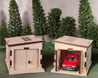 1/64 scale garage, shed buildings for Hot Wheels die-cast model display. Miniature vehicle diorama scenery prop piece