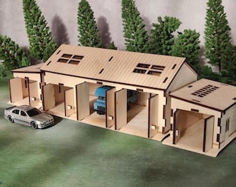 Garage for 1/64 scale Die-cast car town city display. Fits Hot Wheels, Matchbox, Siku brand vehicles. Functional Diorama buildings. Set of 3