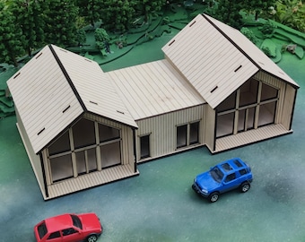 1:64 Scale Large Modern House Diorama Building Kit - Architectural scale model. Hot Wheels, Matchbox, Die-cast display set piece.