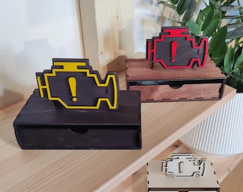 Money box with Check Engine Light.  Custom design drawer box for car repair budgeting.